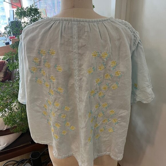 INNIKA CHOO  Embroidered Linen Smock Blouse  in Sea Mist One Size - Picture 15 of 16